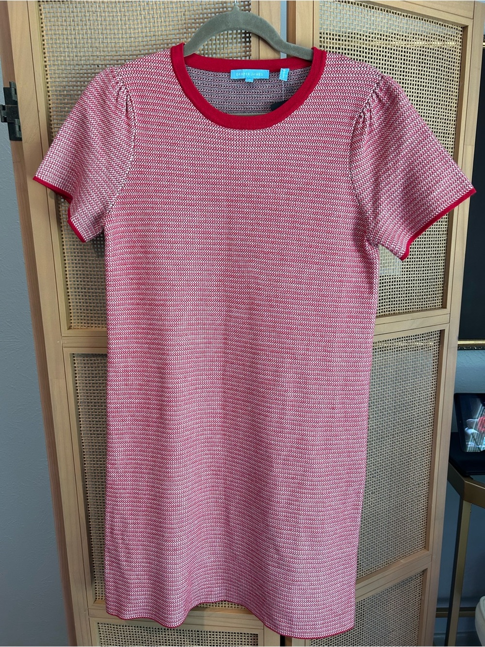 Draper James Pink Textured Knit Shift Dress Red Trim Size Small